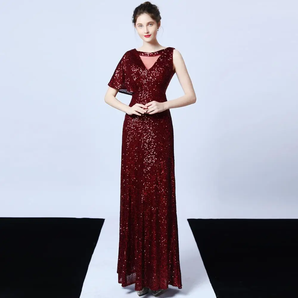 

Sladuo Luxury Sequined Elegant Women One Shoulder Mermaid Dress Sexy Transparent V Neck Celebrity Evening Party Dresses