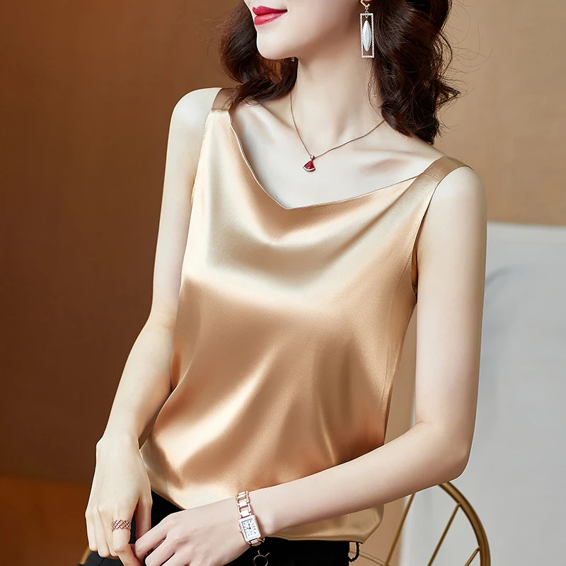 

Casual V-neck Sexy Solid Color Chiffon Ladies Vest Satin Sleeveless Camisole Hot Sale 2021