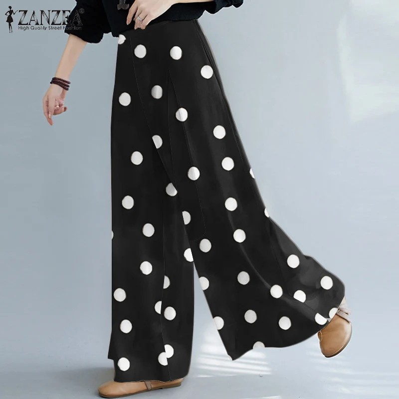 

Bohemian Casual Beach Holiday Baggy Palazzo ZANZEA Autumn Women Elastic waist Wide Leg Pants Polka Dots printed Loose Pantalon