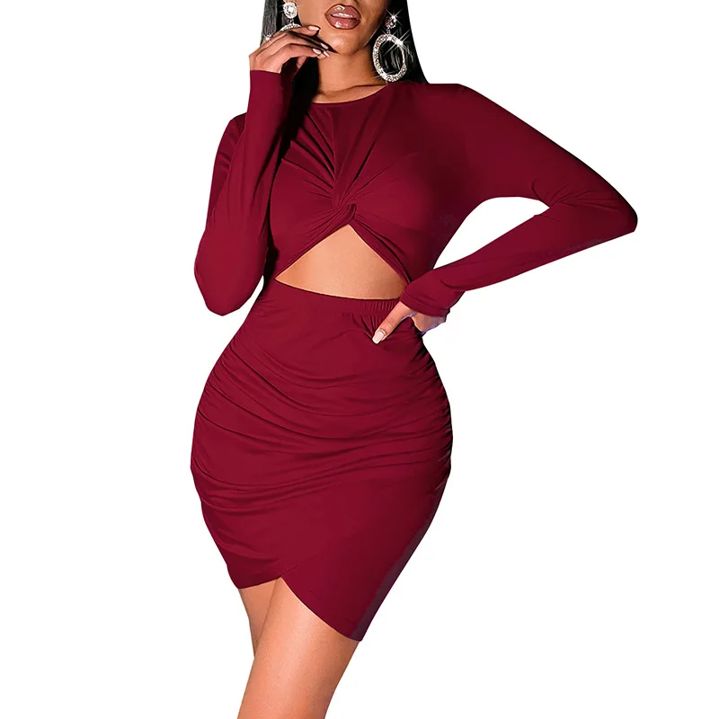

2022 New Sexy Women Solid Color Mini Sheath Dress Female Trendy Full Sleeve Hollow Out Navel Dress Spring Autumn Pleated Dresses