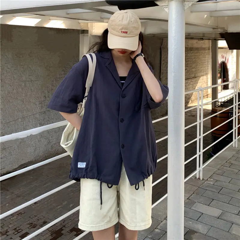 

Women Shirts Patch Designs Short Sleeve Fashion Loose Casual Drawstring Harajuku High Street Japan Style Teens Chic Hip-hop Cool