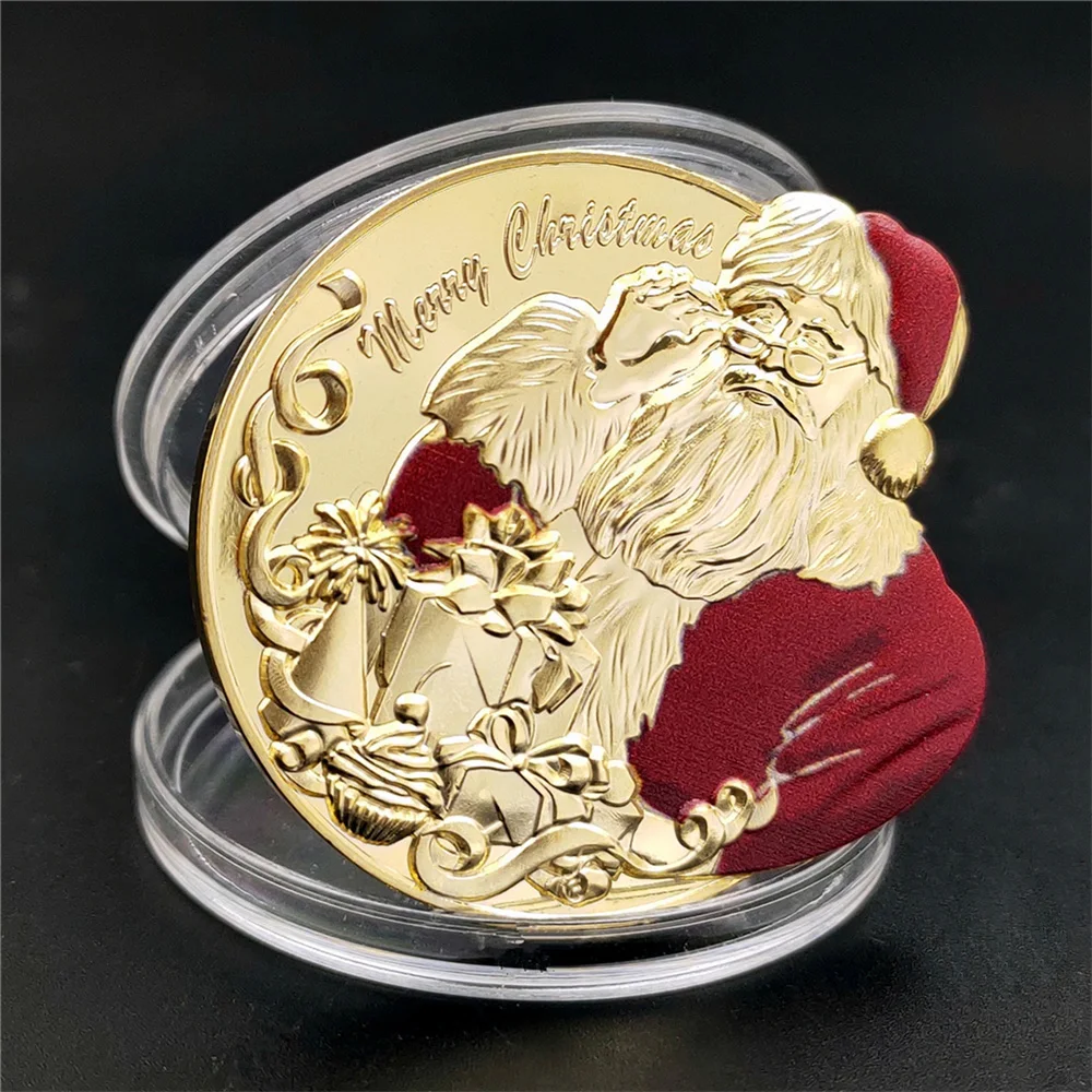 Красивая монета "Счастливое Рождество" Золотой Санта Клаус, Цветная, Сувенир Нового Года "Зубная Фея", Подарки на Время Сезона.