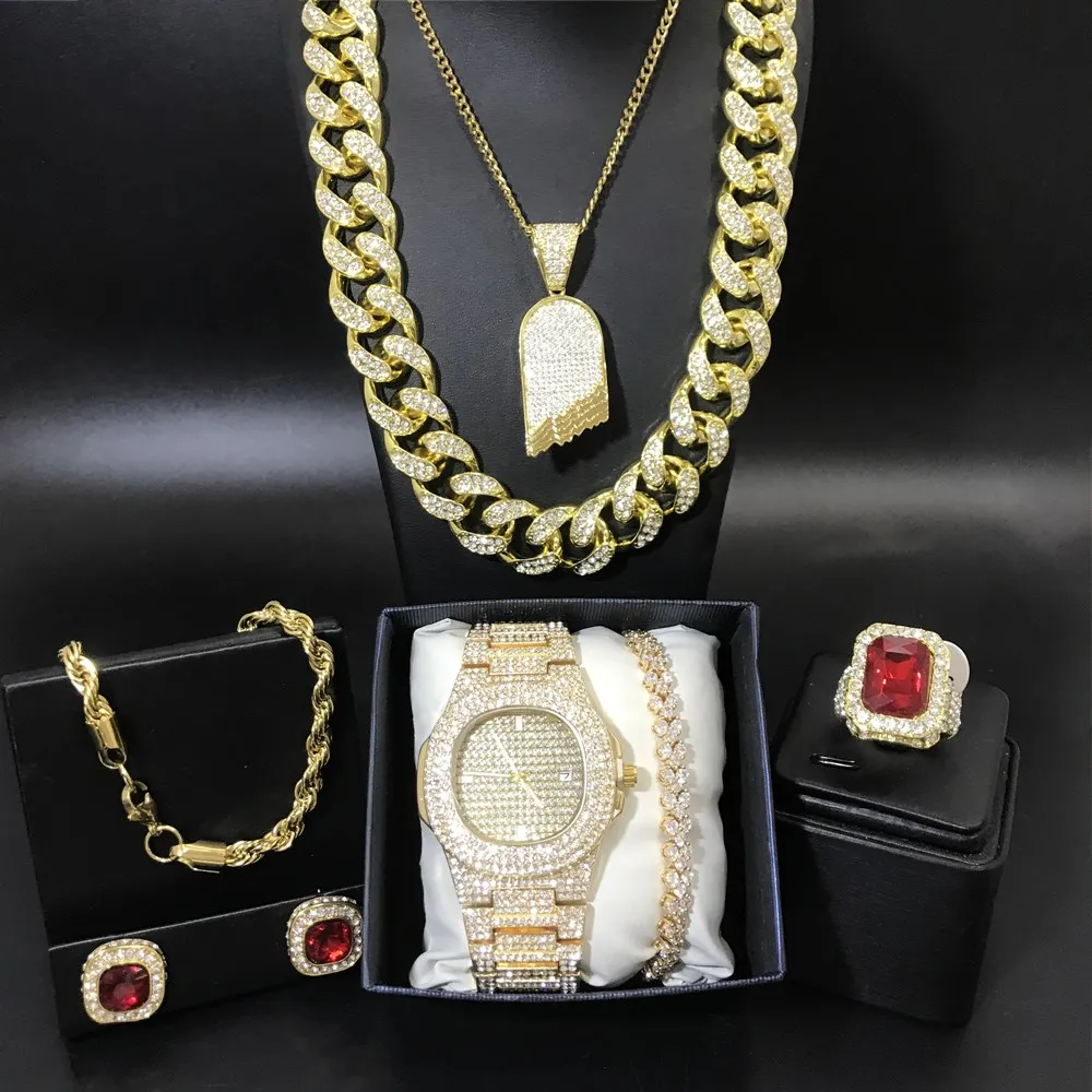 

Luxury Men Watch & Necklace &Braclete &Ring&Earrings Combo Set Ice Out Cuban Jewerly Crystal Miami Necklace Hip Hop For Men