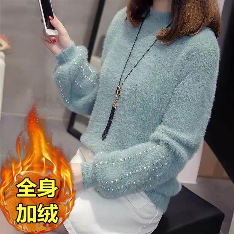 

New Style Imitation Mink Wool Sweater Women Beadeding Pullover 2020 New Plus Velvet Cashmere Knitted Jumper Full Femme Y618