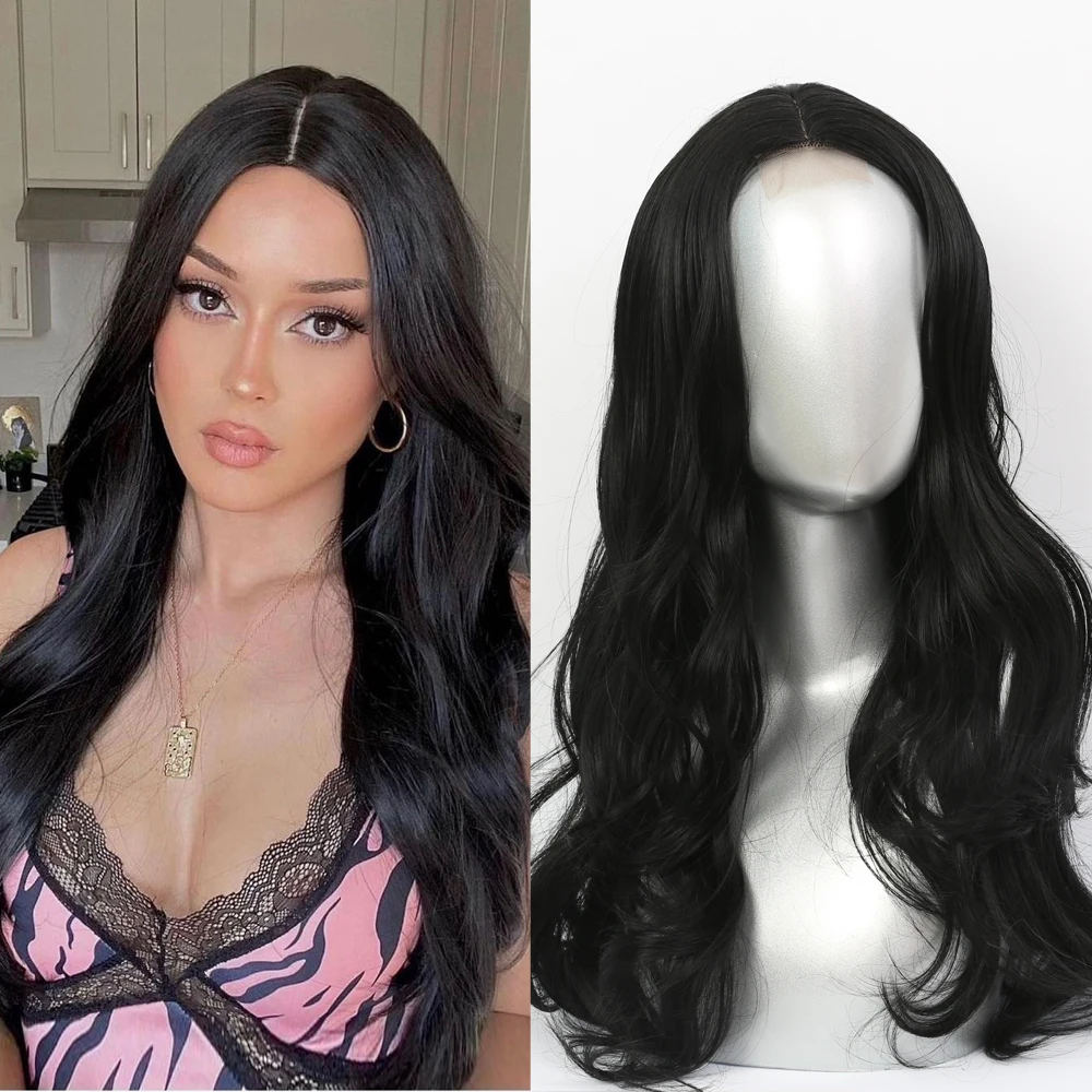 

Synthetic 22inch Lace Wigs For Women Black Long Wave High Temperature Fiber Hair Middle Parting Hair Daily/Cosplay