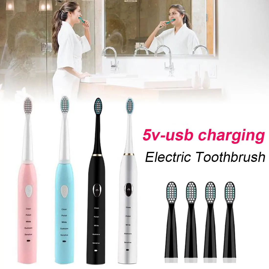 

Electric Toothbrush USB Rechargeable Powerful Ultrasonic Toothbrushes Washable Waterproof Electronic Whitening Teeth Brush