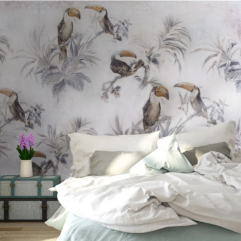 Custom Photo Wallpaper Medieval Hand Drawn Tropical Plant Toucan Mural Dining Room Living Bedroom Background Wall Art Decor |