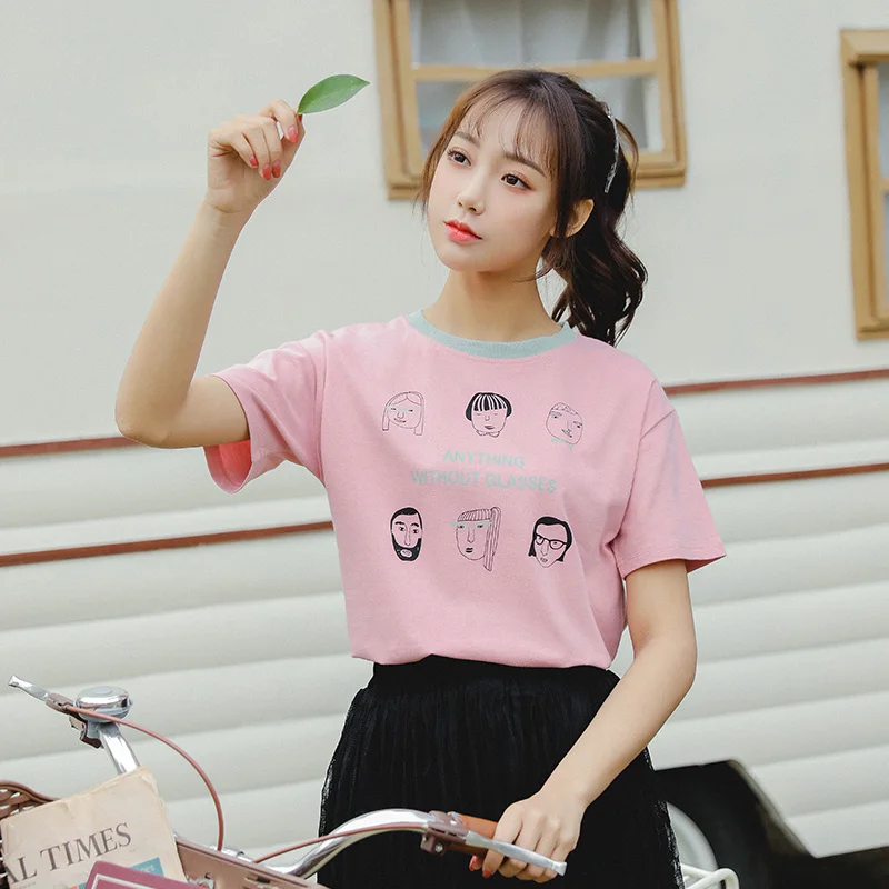 

College Style Stretch Cotton T-shirt Female Contrast Color Cartoon Anime Print Loose Short-sleeved Women T-shirt New Summer Tops