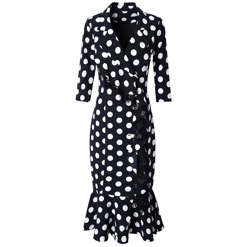 

New Spring Womanliness 2021 Club Polka Dot Print Dress Plus Code Women Summer Long Dress Package Hip Lace Retro Party Dresses