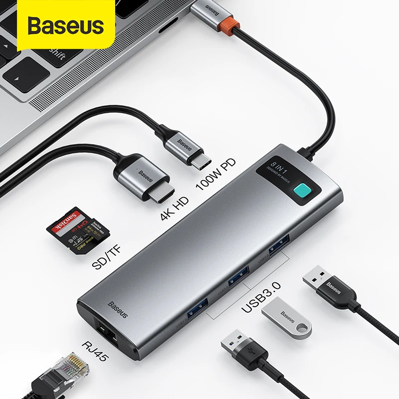 

Baseus USB C HUB USB to Multi HDMI-compatible USB 3.0 RJ45 Carder Reader OTG Adapter USB Splitter for MacBook Pro Air HUB