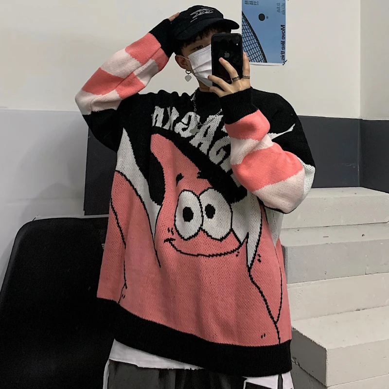 

Пуловер женский свободный в стиле Харадзюку, утепленный вязаный свитер в стиле оверсайз, жаккардовый с мультяшными надписями, для ленивых