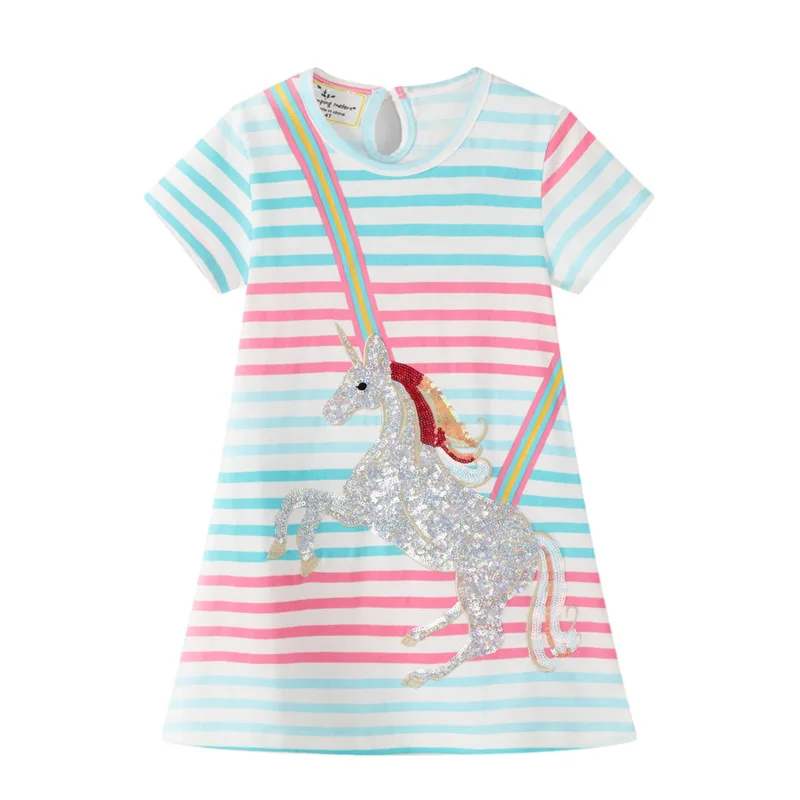 

Lucashy 2021 Western Style Baby Girls Dress Summer New Sequins Unicorn Design Princess Dress Striped Knitted Dress For Kids