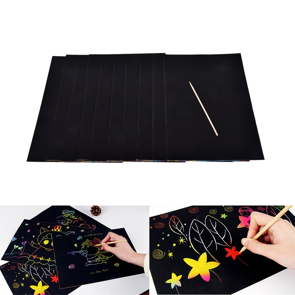 

16K Kids Painting Teaching Tools Set Scratch Sheets Paper Magic Scratch Painting Paper With Drawing Stick Pens 10 Sheet