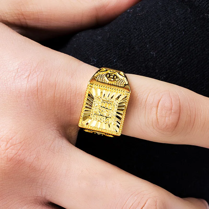 

OMHXFC RI200 Wholesale European Fashion Man Party Birthday Wedding Gift FU FA CAI Chinese Words Square 24KT Gold Resizable Ring