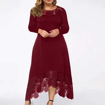 Oversized Dress Women Party Plus Size Lace Casual Solid Dress Long Sleeve Irregular Stitching Long Formal A-Line Dress Vestidos 1