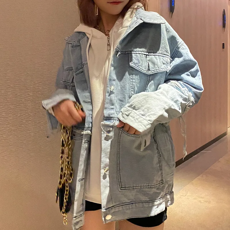 

Женская джинсовая куртка контрастных цветов, однобортная офисная куртка с отложным воротником и длинным рукавом, с принтом в стиле пэчворк,...