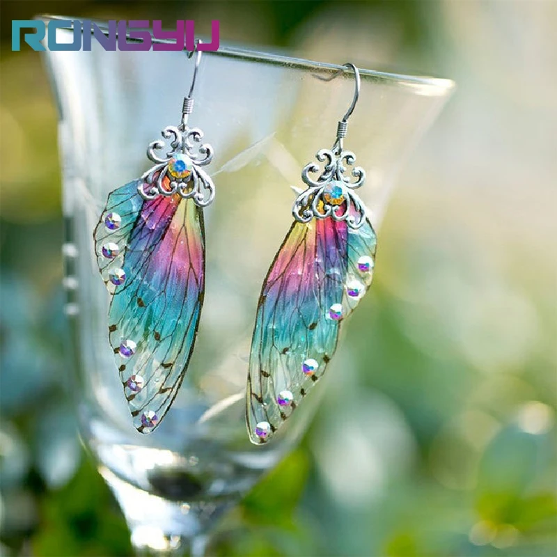 

Inlaid Colorful Rhinestone Big Wing Dangle Dangle Earrings Cicada Wings Gradient Color Earrings For Women Statement Jewelry Gift