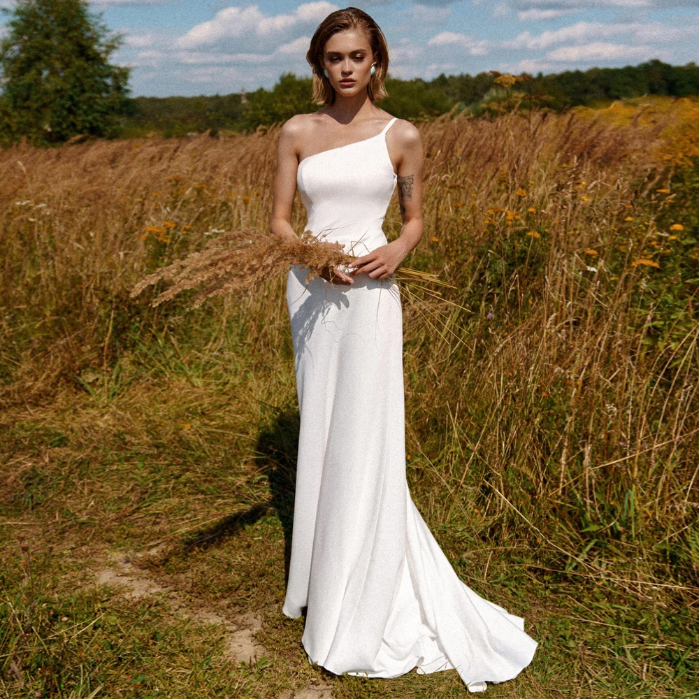 

Vestidos Elegant Wedding Dresses Jersey Square Collar One-Shoulder Zipper A-Line Sweep Train Bridal Gowns