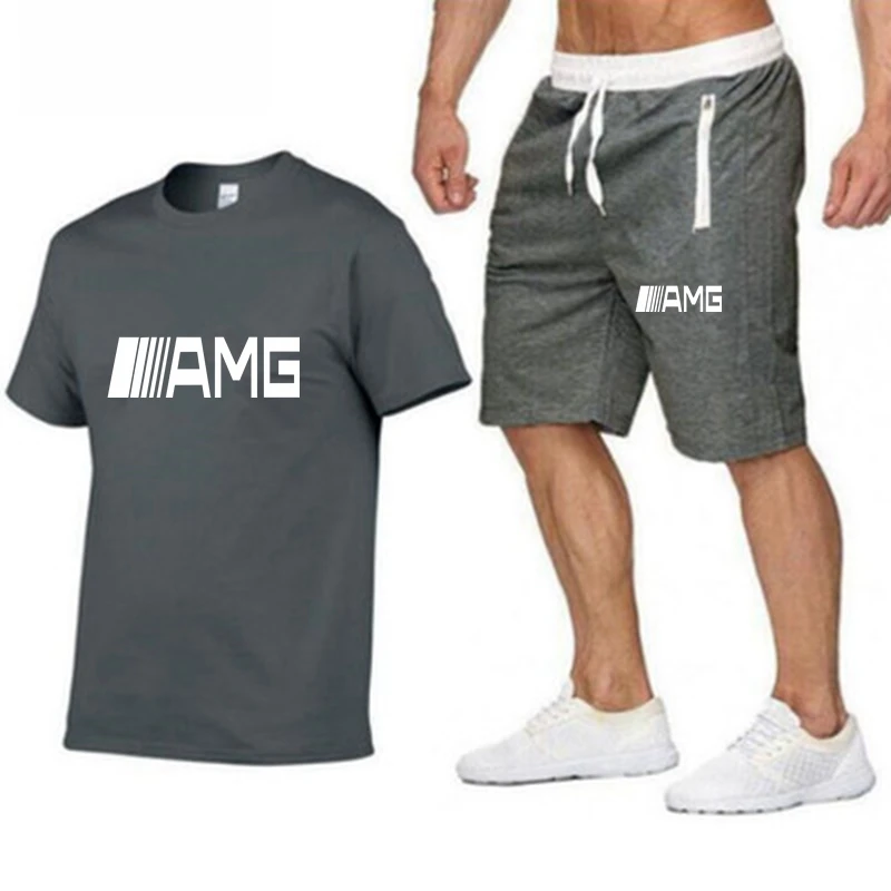 

2021 new T-shirt 2 pieces of sportswear AMG print men's short sleeve + shorts pullover sportswear suit sportswear men