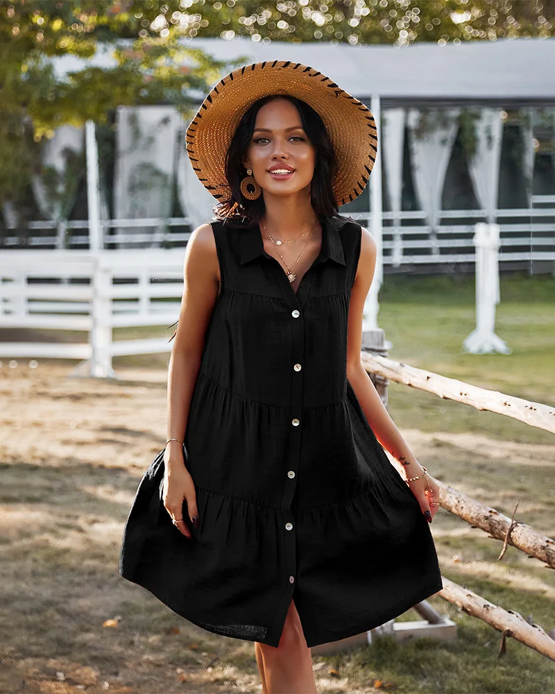 

2021 New Sleeveless Shirt Dresses Women Solid Color Loose Boho Dress Button Through Ladies Original Design Female Casual Dress