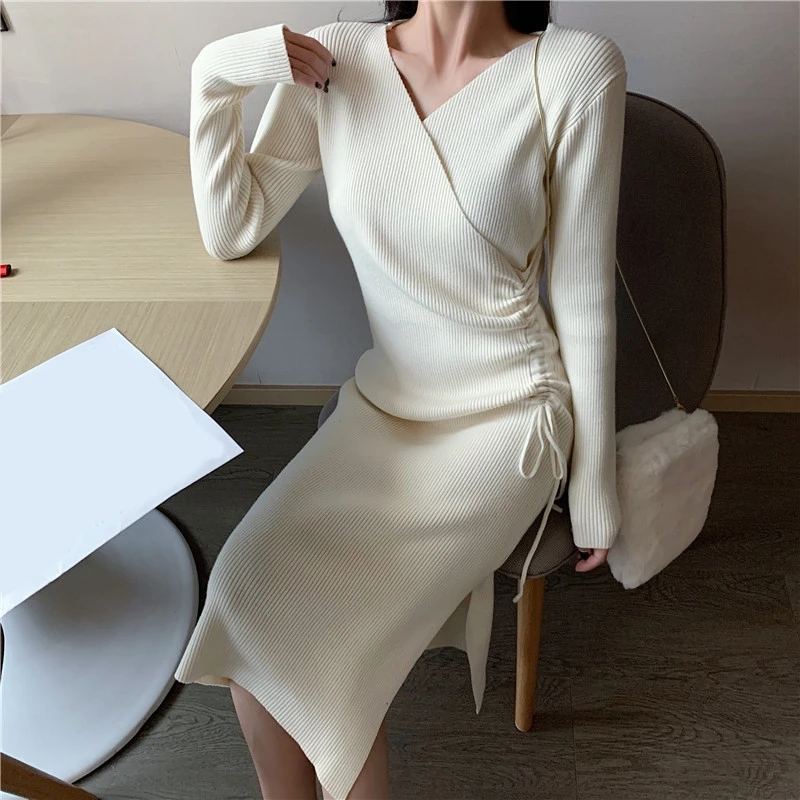 RICININA Long Dress With Sleeves V-Neck Split Knitted Sweater Spring Casual Elegant Sexy Women 2020 Ladies Dresses | Женская одежда
