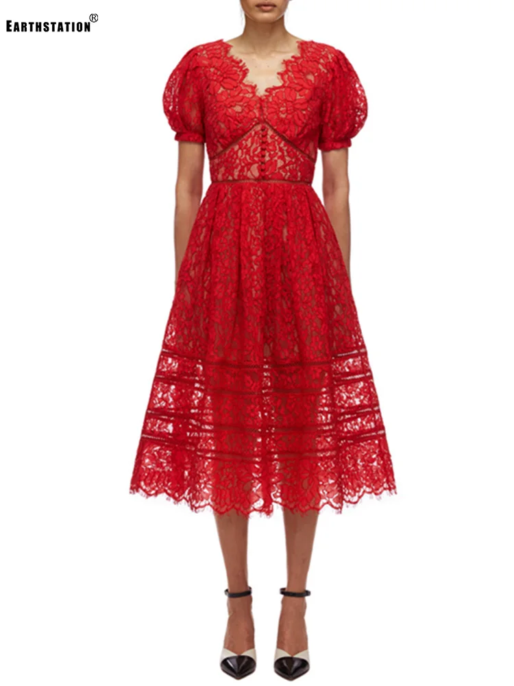 

Sexy V-neck Retro Pure Color Hollow Lace Waist Waist Multi-level A-line Big Swing Dress Ladies Autumn New Fashion Temperament