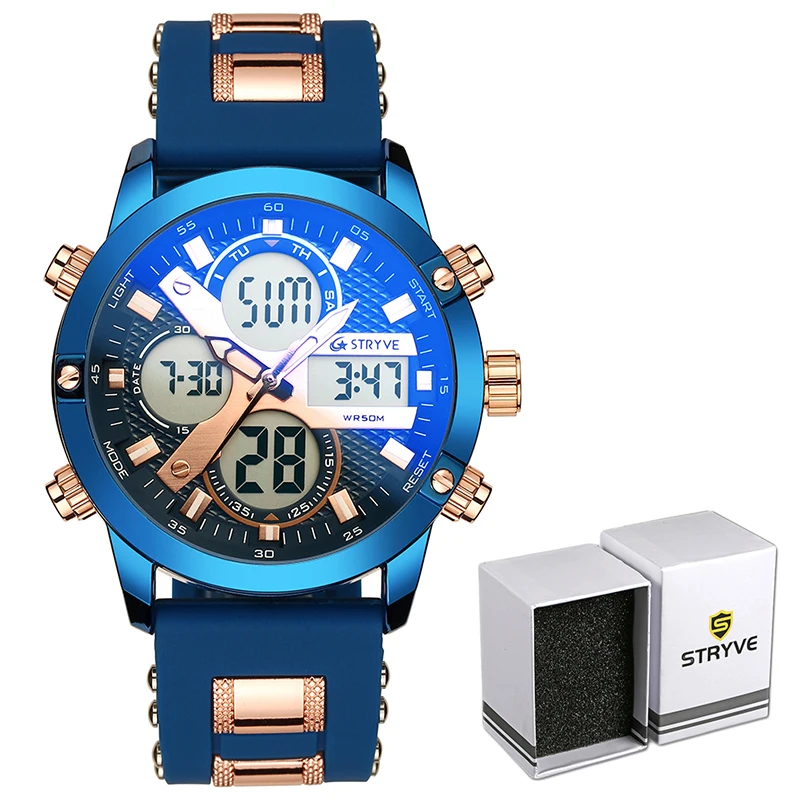 STRYVE 8021 Brand Men Sports Wrist Watches Military Rubber&Metal Belt Waterproof Date Week Electronic Clock Digital Quartz Watch stryve brand man military watches large dial waterproof dual display quartz digital clock men luxury sports watch reloj hombre