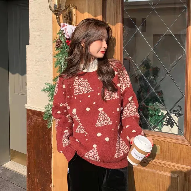 Sweater Women Christmas Tree Knitted Long Sleeve Round Neck Ladies Jumper Fashion Casual Winter Autumn Pullover Clothes NS4976 | Женская
