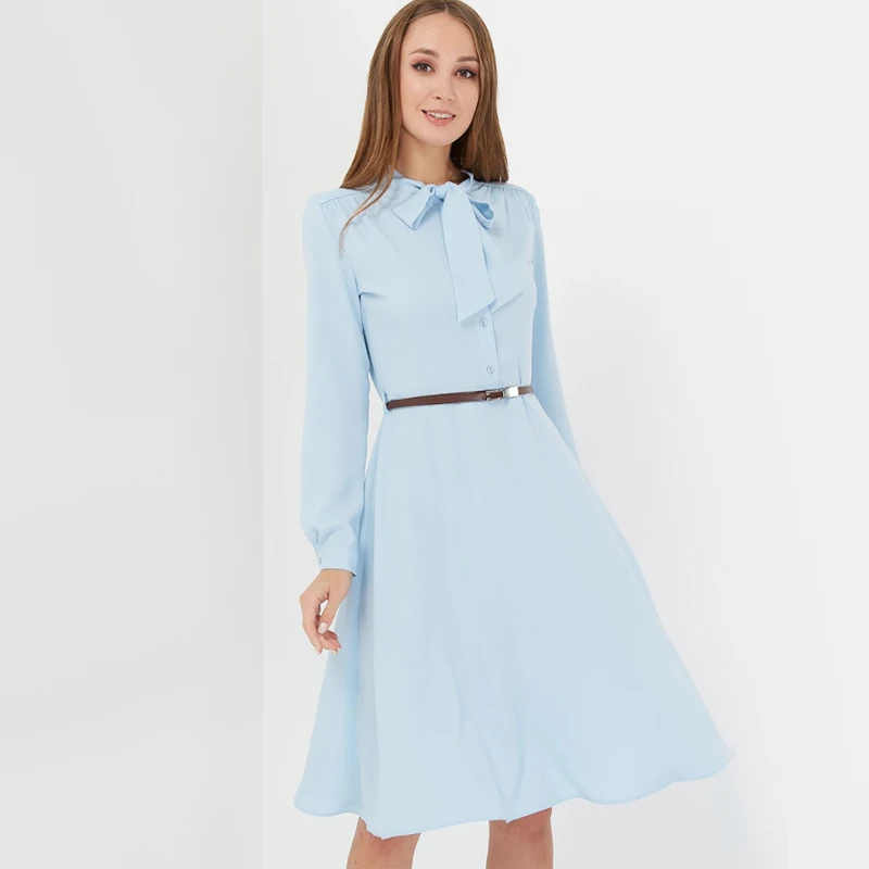

Women Casual Bow Tie a Line Party Dress Ladies Long Sleeve Elegant Office Lady Dress 2019 New Fashion Winter Dress Solid Vintage