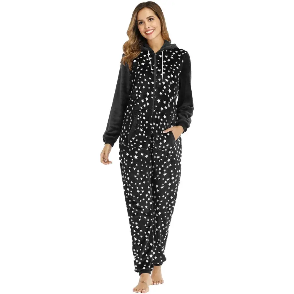 Black Hooded Cute Star Print Nightwear Homewear Comfortable Women Flannel Warm Onesies Jumpsuit Pajama Casual Soft Sleepwear