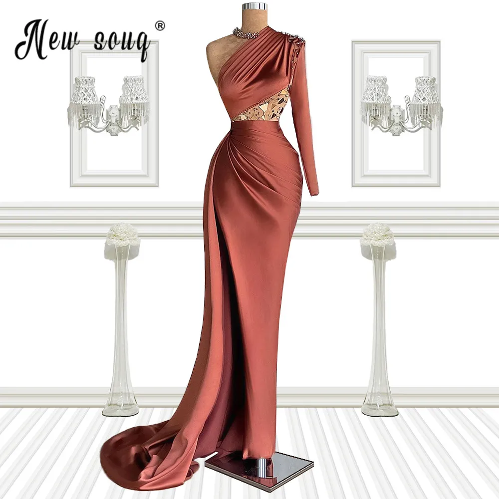 

Orange Robe de Soiree Rouge Sparkly Evening Dresses 2021 High Neck Crystals Satin Side Slit Formal Party Gowns Women Pageant