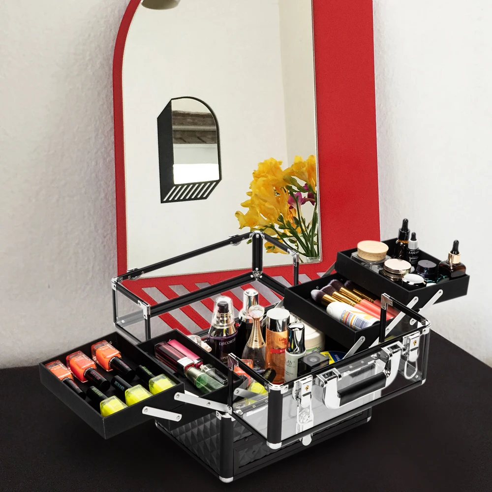 

Portable Acrylic / Checkered Cosmetic Case organizer box Large Aluminum Black180821306