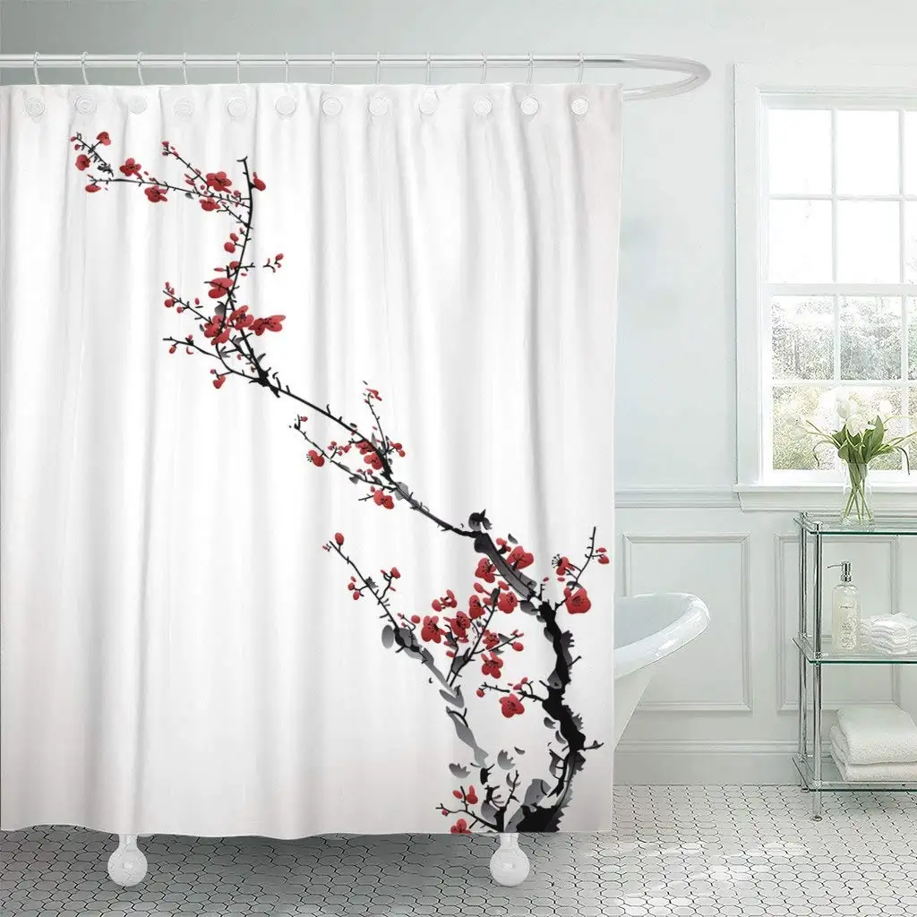 Занавеска для душа с крючками розовая японская чернильная зимняя Милая