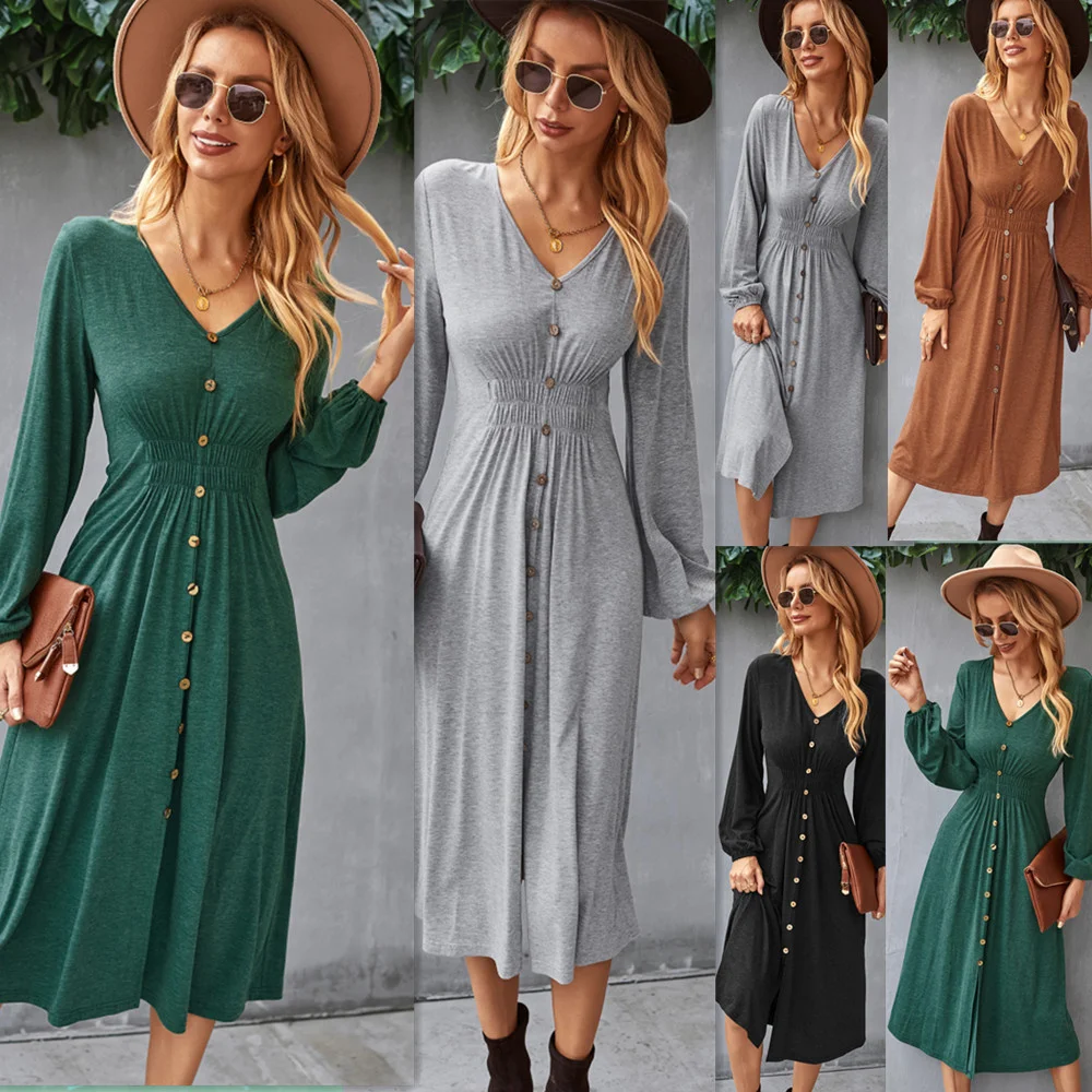 

Independent R & D and design of knitted skirt autumn and winter new 2021 closed waist slim A-line skirt V-neck sexy dress