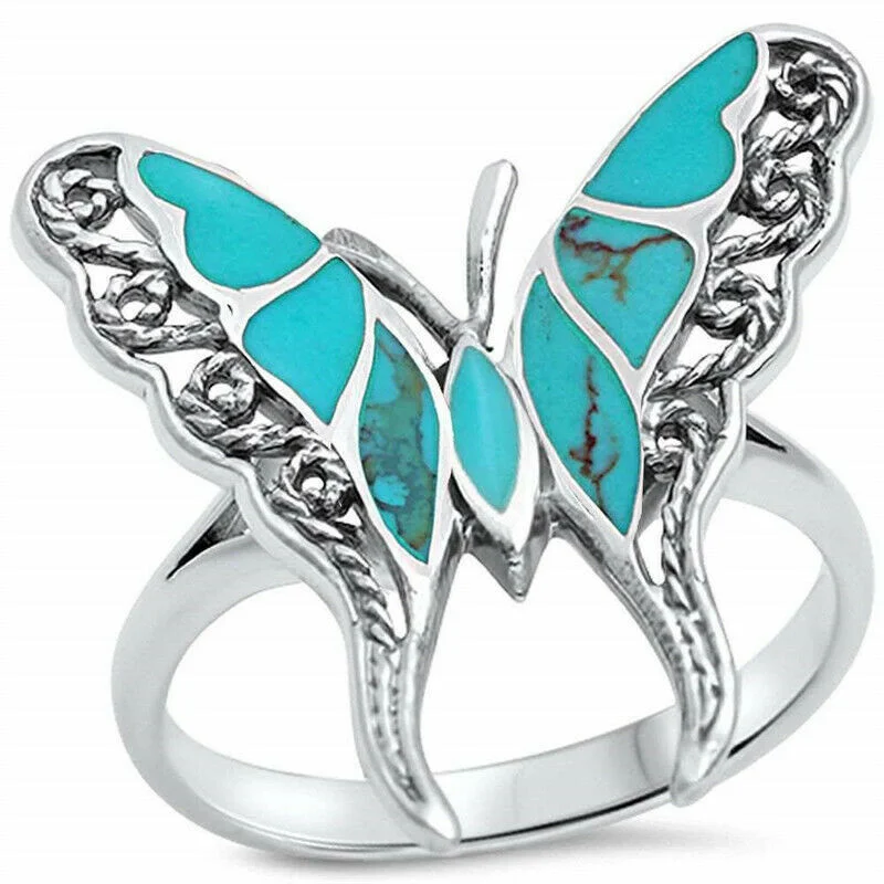 Charming Vintage Tibet Silver Butterfly Imitation Turquoise Ring Fashion Jewelry Size 6-10 |