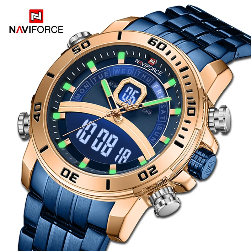 

Часы наручные NAVIFORCE Мужские кварцевые, брендовые светящиеся водонепроницаемые спортивные цифровые в стиле милитари, с циферблатом