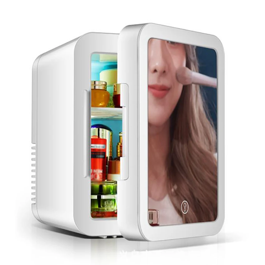 구매 8L 휴대용 냉장고 미니 메이크업 냉장고 홈 자동차 듀얼 사용 휴대용 스킨 케어 냉장고 디지털 미러 표면 Led 빛