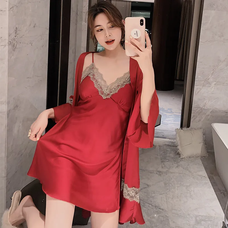 

2021 Summer Silk Robes Luxury Sexy Sling Nightdress Two-Piece Set with Chest Pad Sweet Satin 3/4 Sleeve Lace Stitching Sleepwear