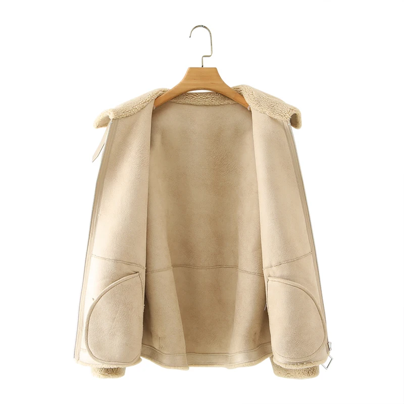 

Fleece Winter Jacket Woman Warm Elegant Pockets Thick Turn Down Collar Faux Fur Lady Coats & Outerwear Patchwork Jacket Female