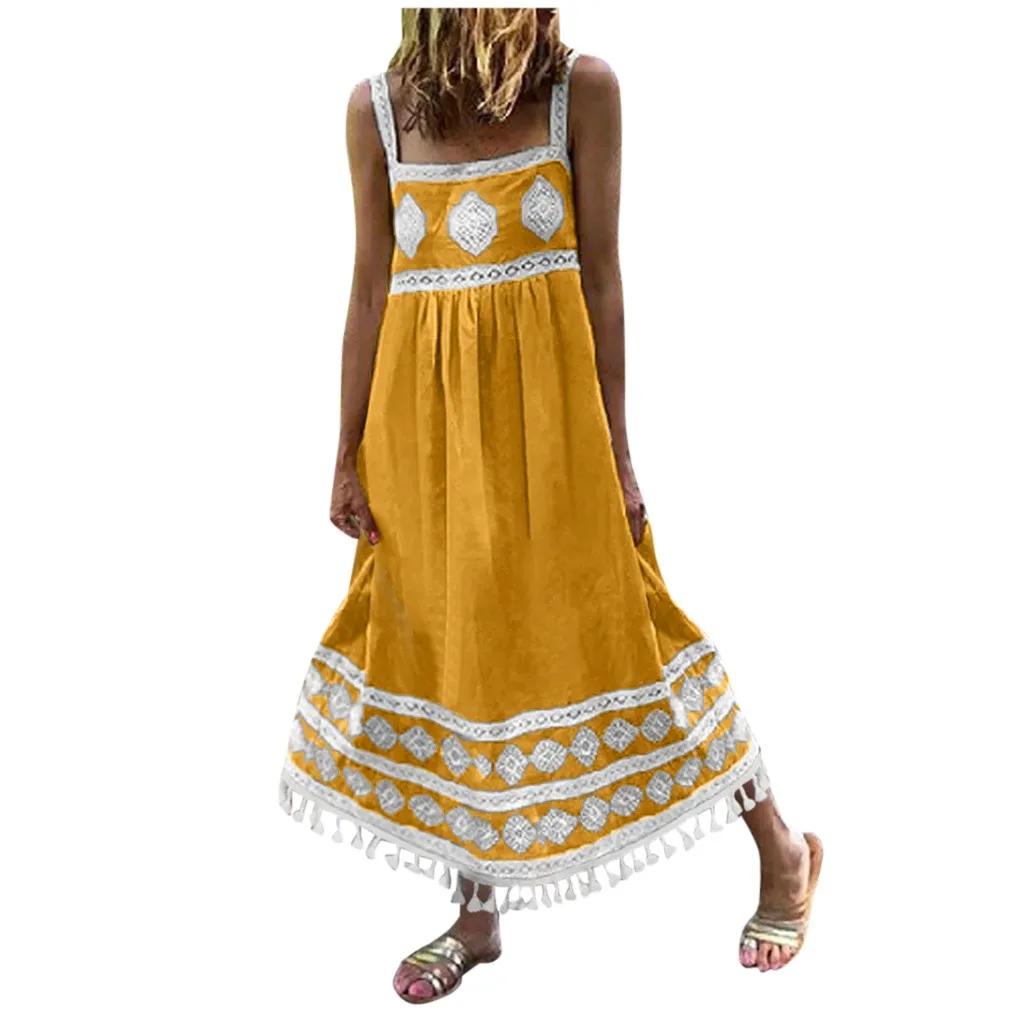 

Women Bohe Dress Summer Casual Print Sleeveless Square Neck Dress Ladies Loose Strap Big Swing Tassel Maxi Dress#35