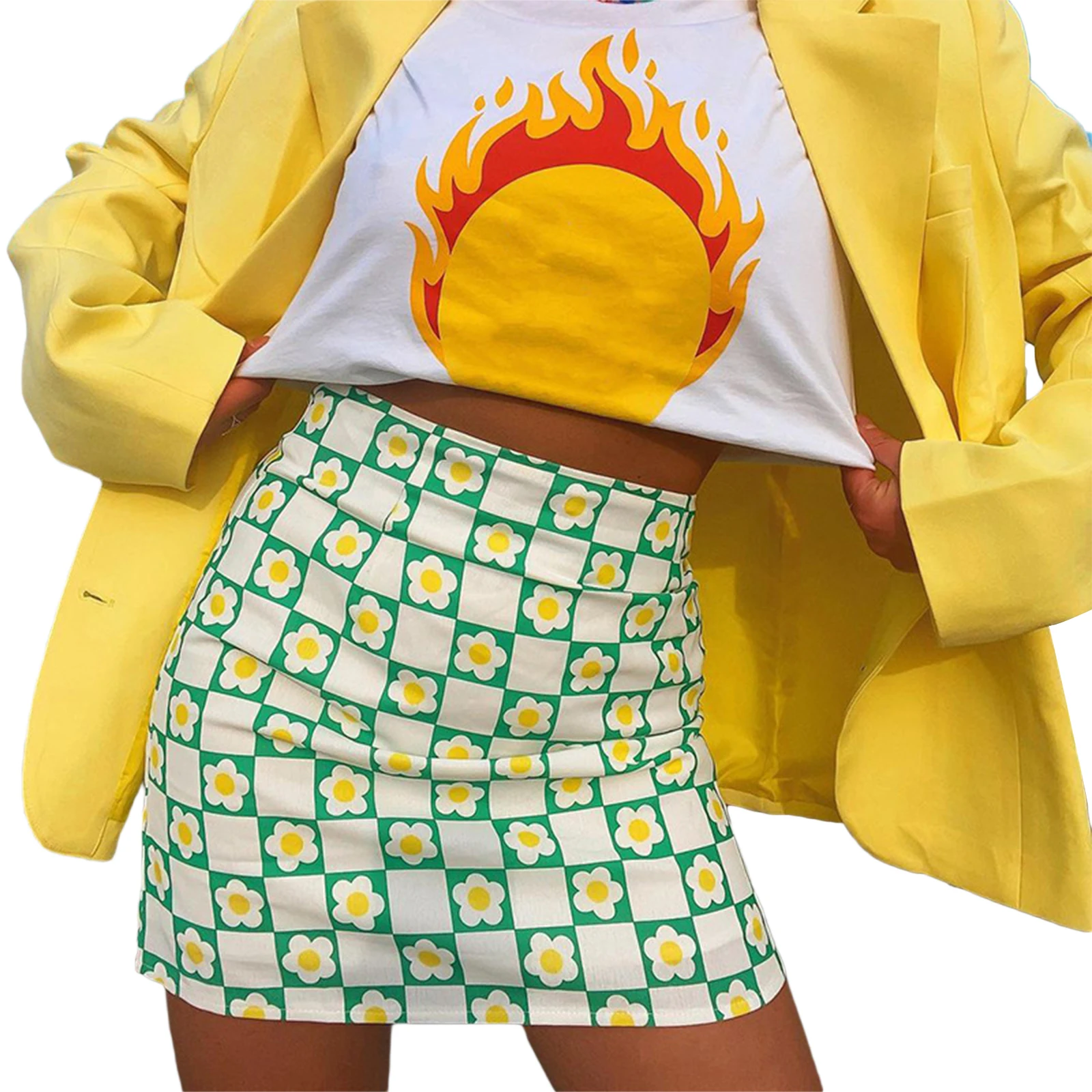 

Ladies's Bodycon Mini Skirts, Sweet Floral Plaid Print High Waist Above Knee Short Skirts