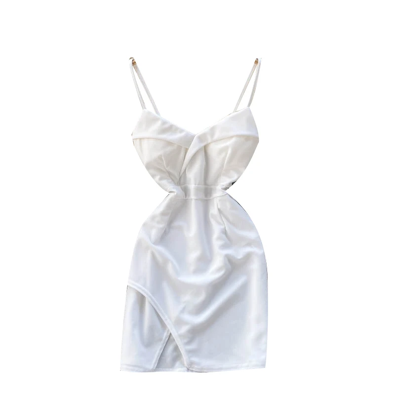 

Women Sexy Backless Strap Dress Design V Neck Sleeveless Slim Party Dress Summer Off Shoulder Split White Short Dress