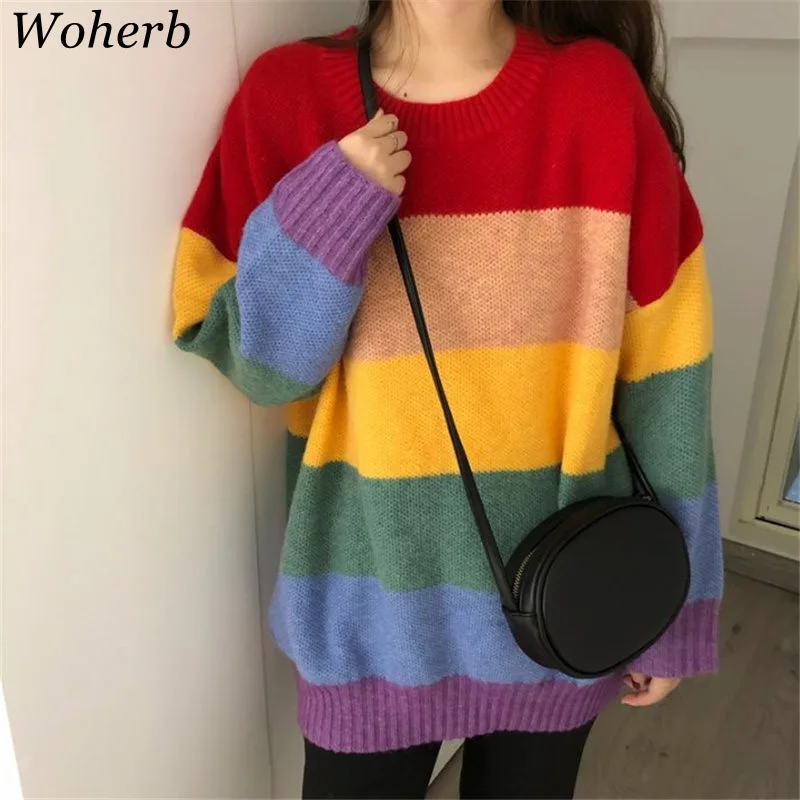 Woherb, Осенний Радужный женский свитер Harajuku, джемпер в полоску, пуловеры больших размеров, свитера в Корейском стиле, винтажная вязаная одежда 20585