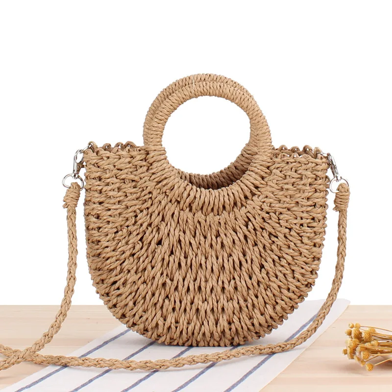

Handmade Half-Round Rattan Woven Straw Bag Summer Women Messenger Crossbody Bags Girls Small Beach Handbag 2021
