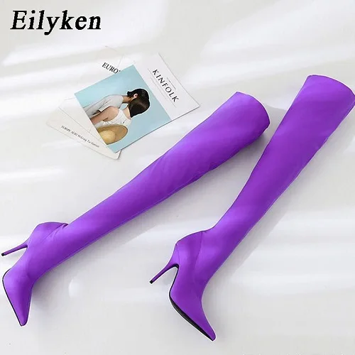 Purple Eilyken/; ботфорты выше колена; эластичные сапоги; Mujer; пикантные сапоги до колена на высоком каблуке; пикантные сапоги-носки для ночного клуба; Новинка - Цвет: Purple