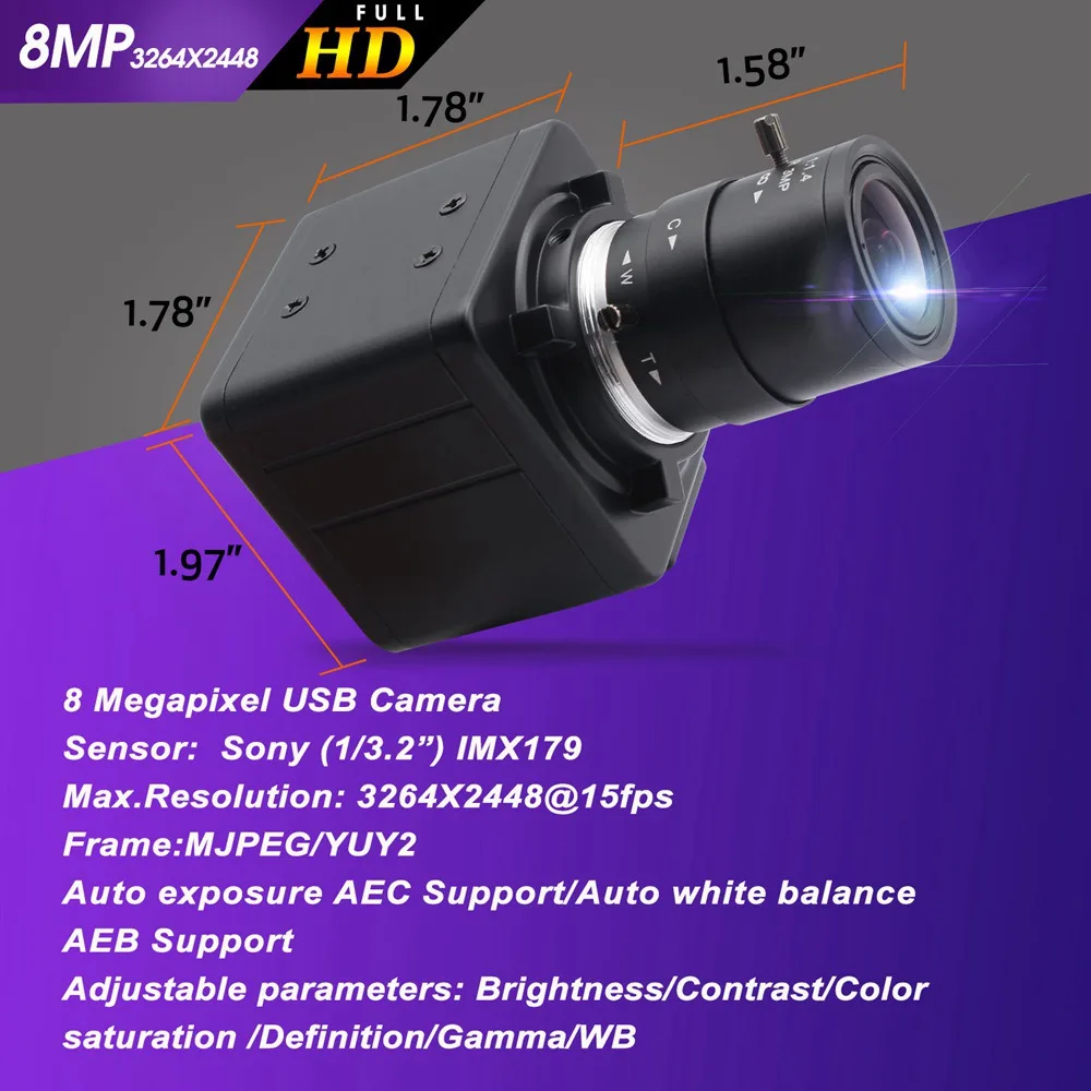 Мини-видеокамера ELP IMX179 HD с переменным фокусным расстоянием 8 Мп UVC CS 2 8-12 мм USB CCTV |