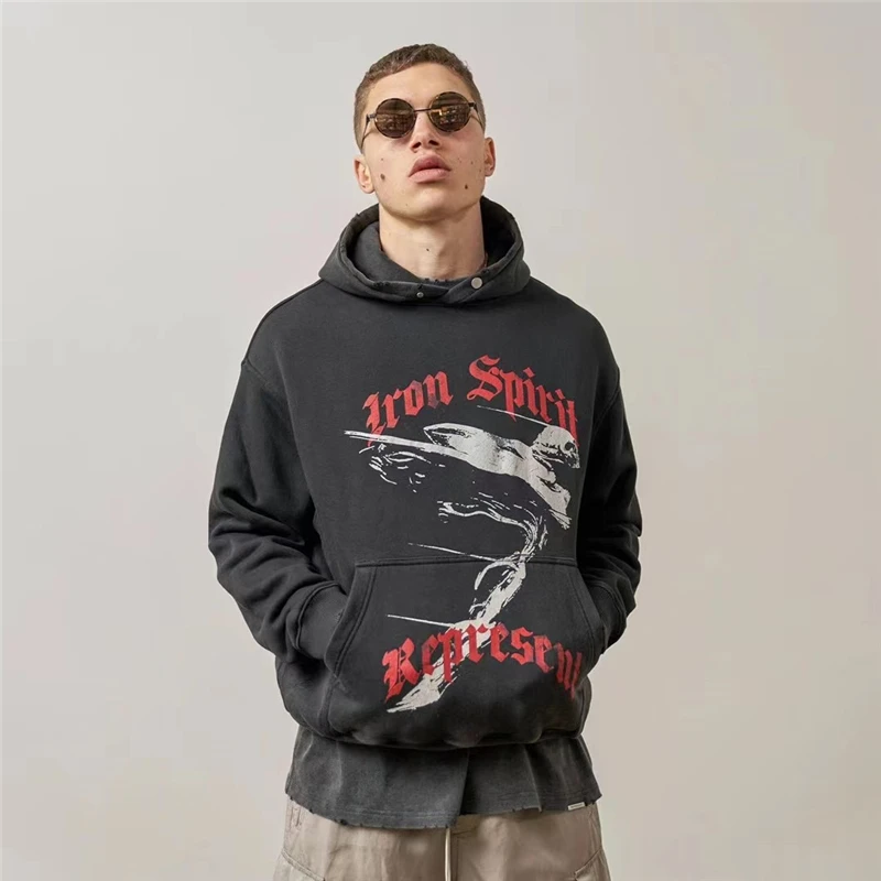 

Vintage Washed Heavy Fabric Represent Iron Spirit Hoodie Men Women Hooded Metal Angel Badge Graphic Pullover S-XL