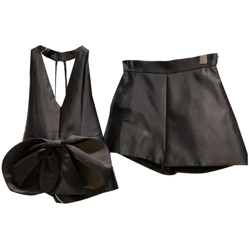 

Brocade Cotton Bow Beautiful Back Camis + Pleated Shorts Two Piece Set 2021 Summer New Small Fragrance Suit