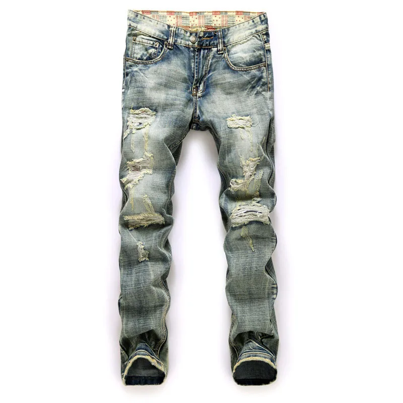 

Men New Distressed Ripped Jeans Destroyed Hole Taped Slim Fit Frayed Denim Pants Scratched Skinny Straight High Quality Trousers