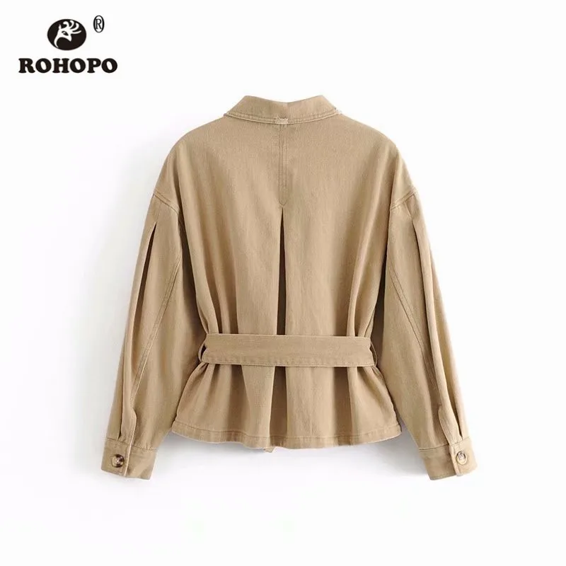ROHOPO/осенний женский плащ-карго с поясом карманами однотонный хлопковый